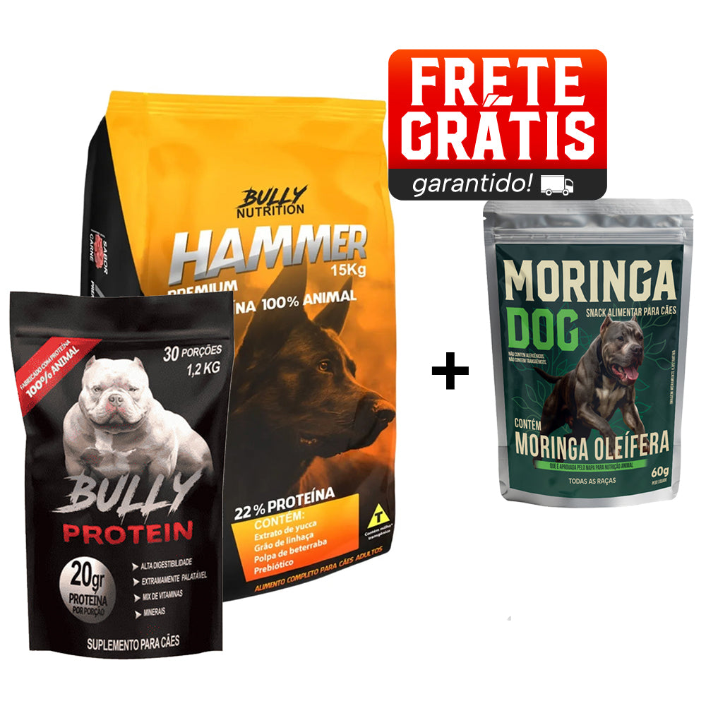 Ração Hammer Premium + Suplemento Bully Protein 1,2Kg Cachorro Forte + Ganhe Moringa Dog 60g