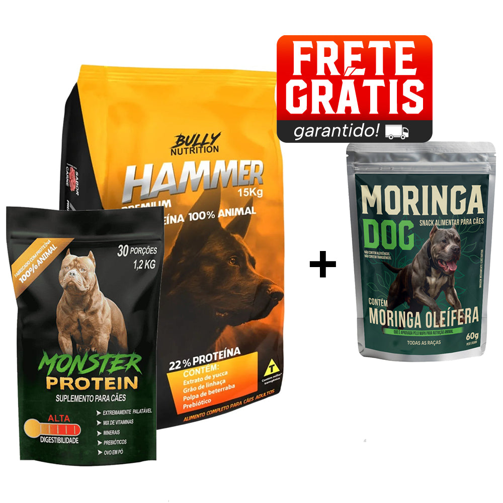 Ração Hammer Premium + Suplemento Bully Monster 1,2 Kg Cachorro Forte + Ganhe Moringa Dog 60g