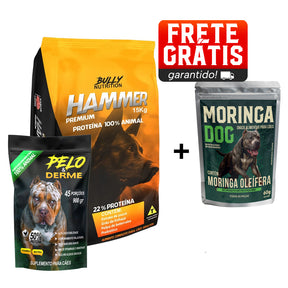 Ração Hammer Premium + Suplemento Bully Pelo & Derme 900g Cachorro Forte + Ganhe Moringa Dog 60g