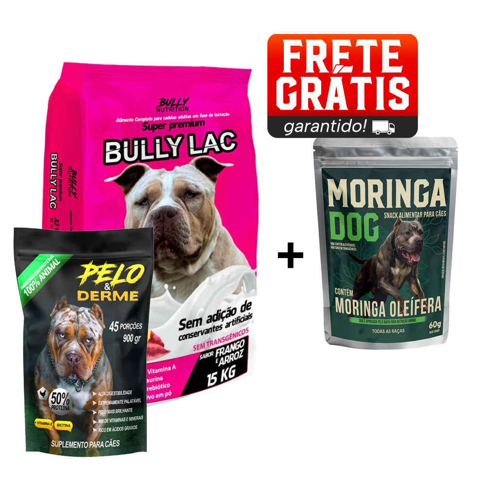 Ração Bully Lac + Suplemento Bully Pelo & Derme 900g Cachorro Forte + Ganhe Moringa Dog 60g