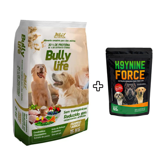 Ração Natural Super Premium Bully Life 15Kg Bully Nutrition  + Ganhe K9YNINE FORCE 60g