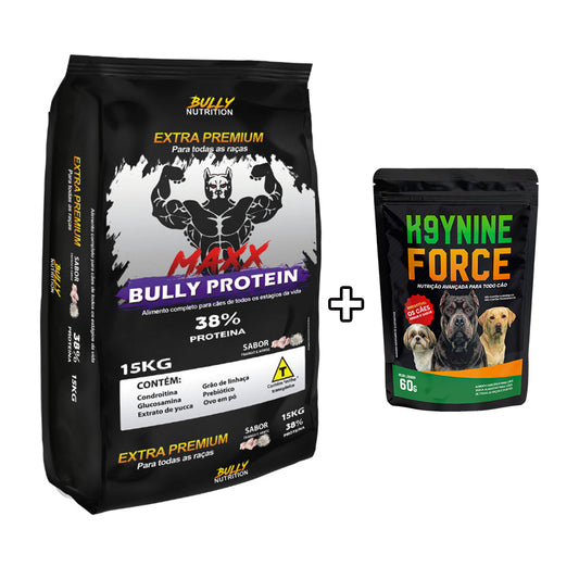 Ração Maxx Bully Proteín 38% frango e arroz sem corantes 15Kg  + Ganhe K9YNINE FORCE 60g