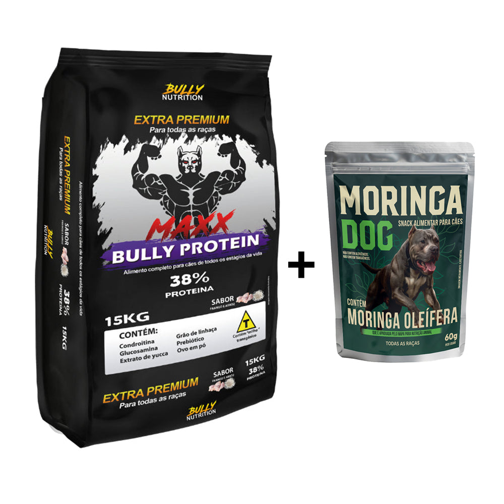 Ração Maxx Bully Proteín 38% frango e arroz sem corantes 15 Kg Cachorro Forte + Ganhe Moringa Dog 60g