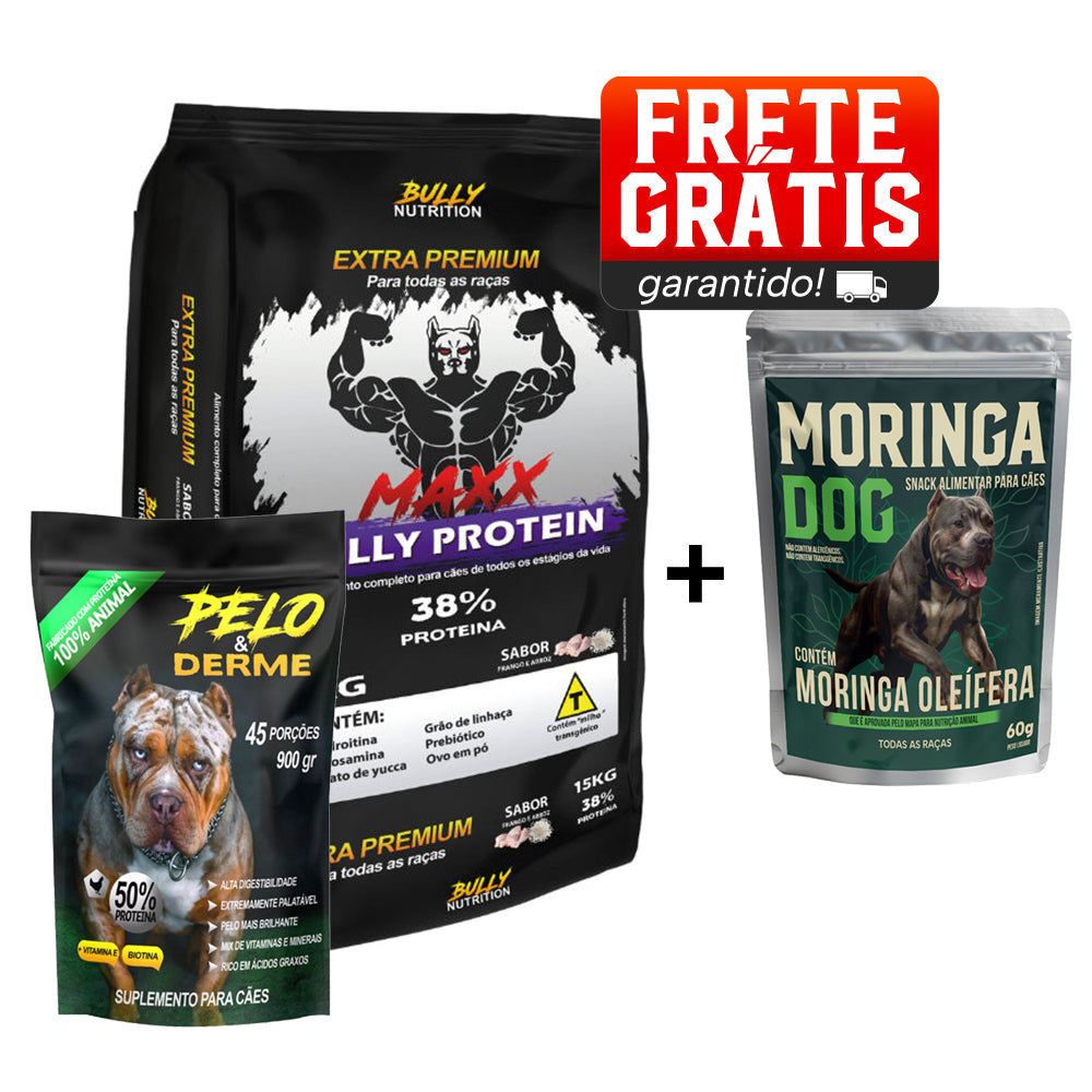 Ração Maxx Bully Protein + Suplemento Bully Pelo & Derme 900g Cachorro Forte + Ganhe Moringa Dog 60g