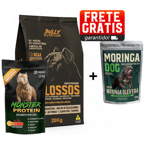 Ração Molossos 20kg + Suplemento Bully Monster 1,2Kg + Ganhe um Moringa Dog 60g + Ganhe um Moringa Dog 60g