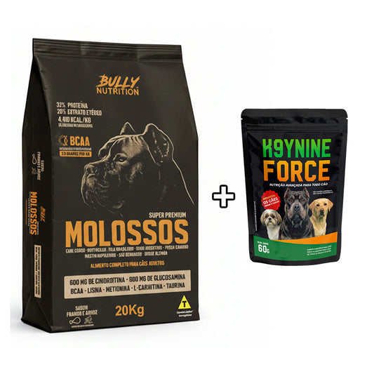 Ração Molossos Super Premium 32% proteína 4.410kcal/kg 20Kg  + Ganhe K9YNINE FORCE 60g