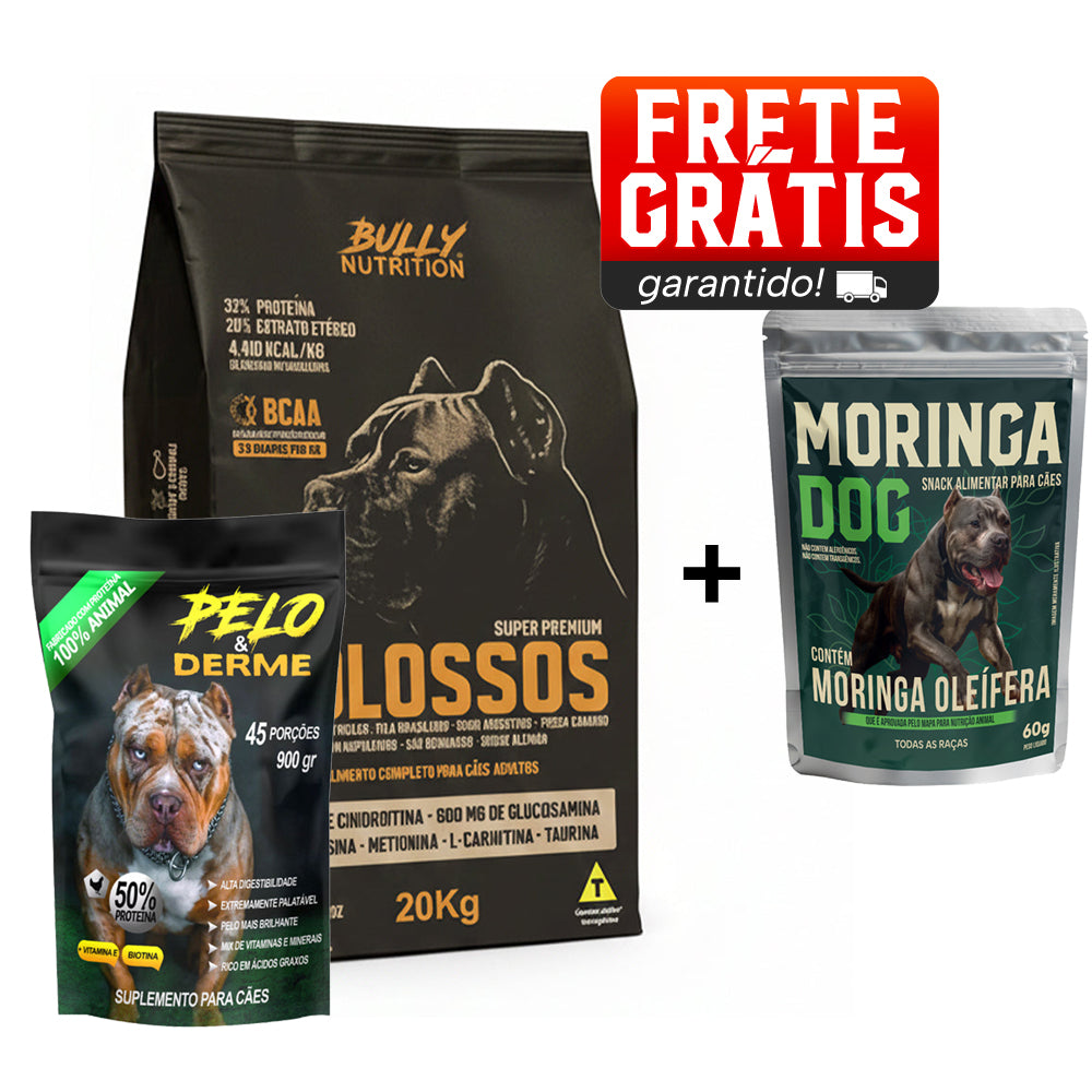 Ração Molossos 20kg + Suplemento Bully Pelo & Derme 900g + Ganhe um Moringa Dog 60g
