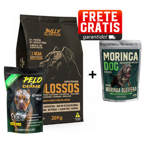 Ração Molossos 20kg + Suplemento Bully Pelo & Derme 900g + Ganhe um Moringa Dog 60g
