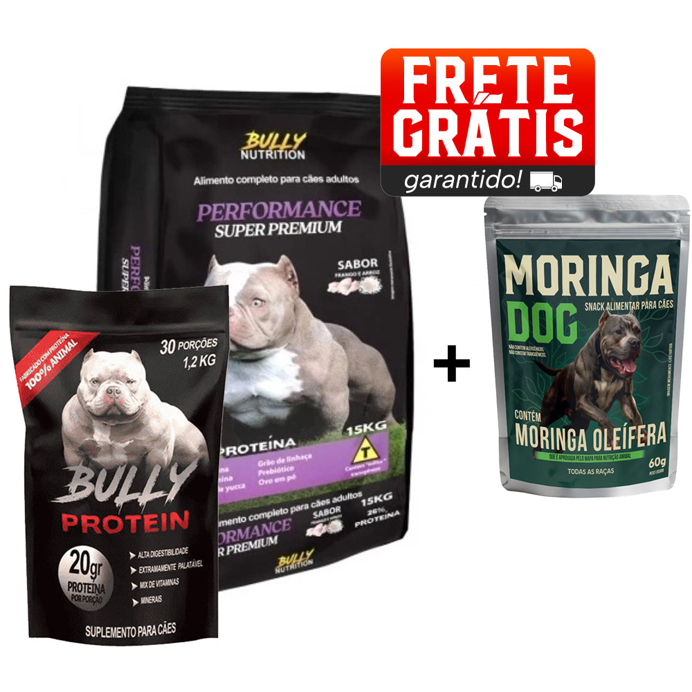 Ração Performance Super Premium  +  Suplemento Bully Protein 1,2 Kg Cachorro Forte + Ganhe Moringa Dog 60g