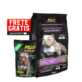 Ração Performance Super Premium  + Suplemento Bully Pelo & Derme 900g Cachorro Forte