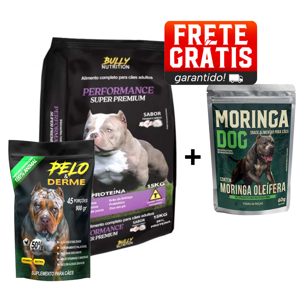 Ração Performance Super Premium  + Suplemento Bully Pelo & Derme 900g Cachorro Forte + Ganhe Moringa Dog 60g