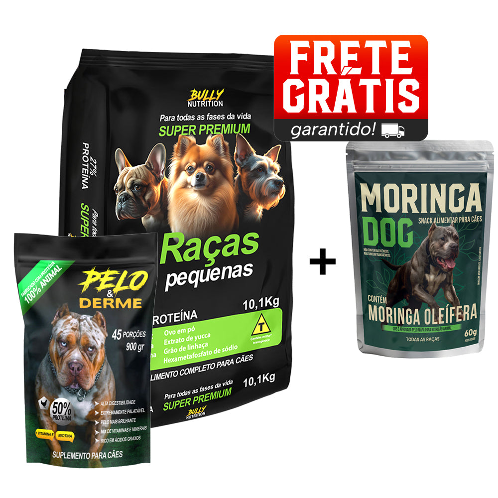 Ração Raças Pequenas + Suplemento Bully Pelo & Derme 900g Cachorro Forte + Ganhe Moringa Dog 60g