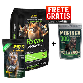 Ração Raças Pequenas + Suplemento Bully Pelo & Derme 900g Cachorro Forte + Ganhe Moringa Dog 60g