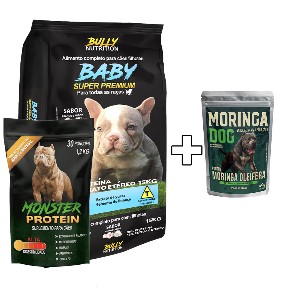 Ração Baby Super Premium + Suplemento Bully Monster 1,2Kg Cachorro Forte + Ganhe um Moringa Dog 60g
