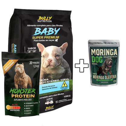 Ração Baby Super Premium + Suplemento Bully Monster 1,2Kg Cachorro Forte + Ganhe um Moringa Dog 60g