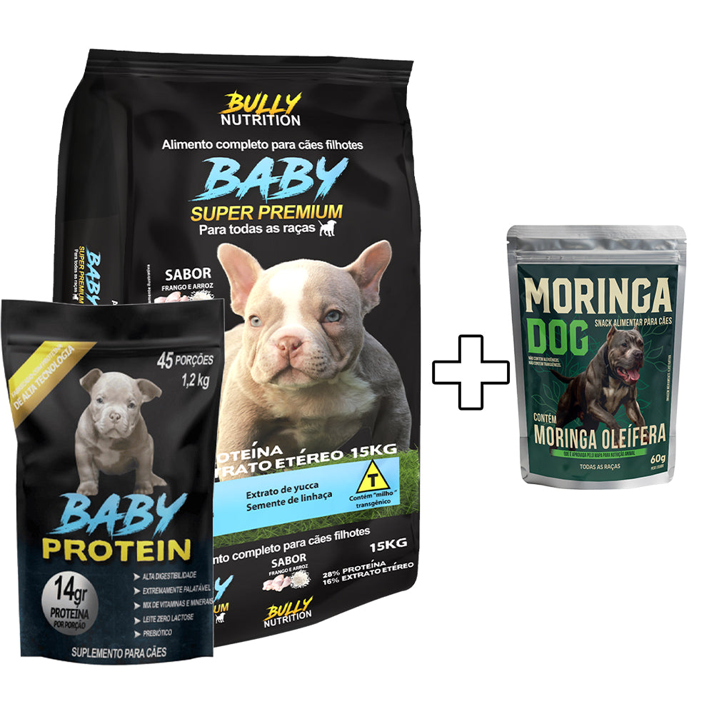 Ração Baby Super Premium + Suplemento Bully Baby Protein 1,2Kg Cachorro Forte + Ganhe um Moringa Dog 60g