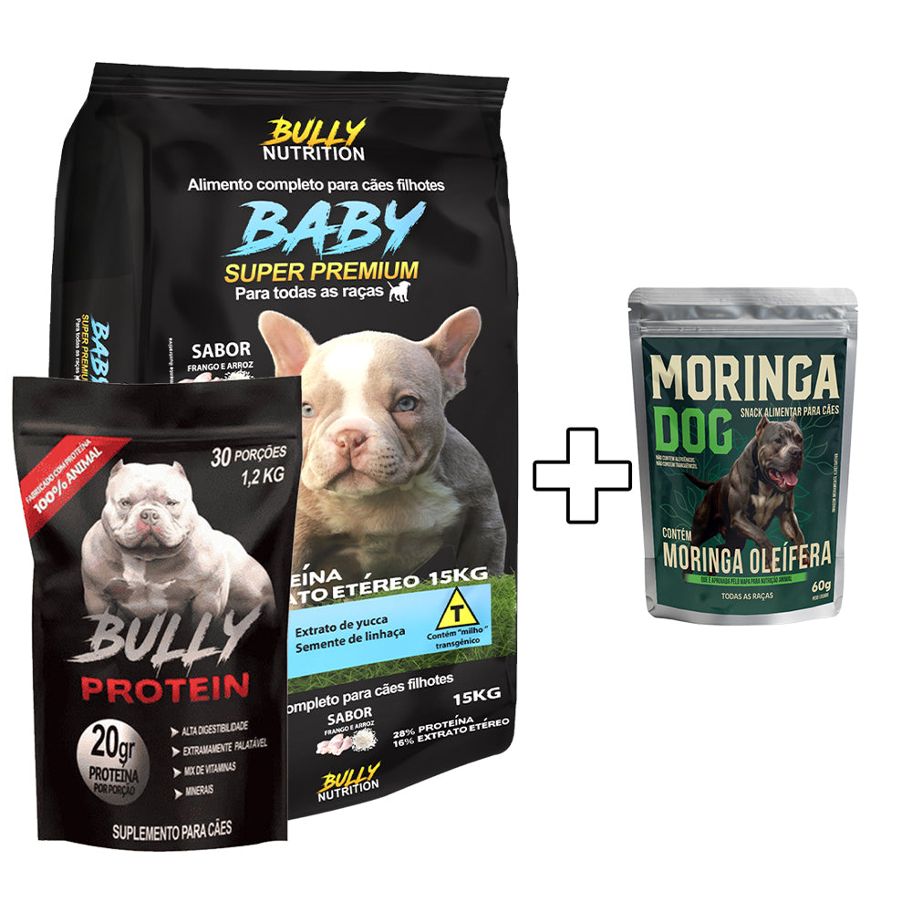 Ração Baby Super Premium + Suplemento Bully Protein 1,2Kg Cachorro Forte + Ganhe um Moringa Dog 60g