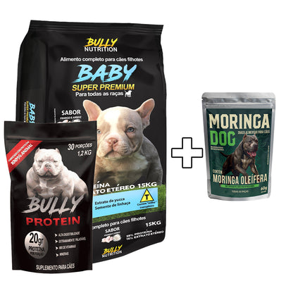 Ração Baby Super Premium + Suplemento Bully Protein 1,2Kg Cachorro Forte + Ganhe um Moringa Dog 60g