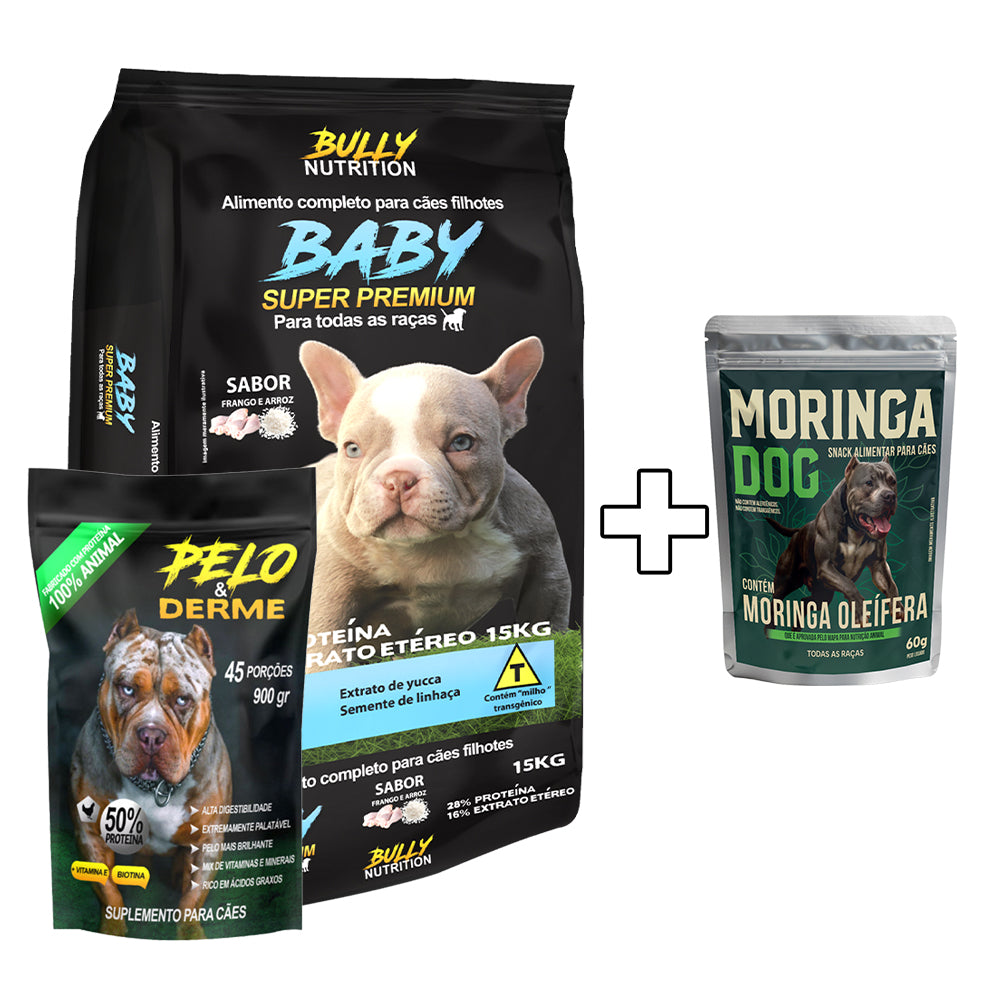 Ração Baby Super Premium + Suplemento Bully Pelo & Derme 900g Cachorro Forte + Ganhe um Moringa Dog 60g