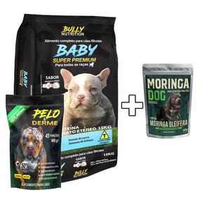 Ração Baby Super Premium + Suplemento Bully Pelo & Derme 900g Cachorro Forte + Ganhe um Moringa Dog 60g