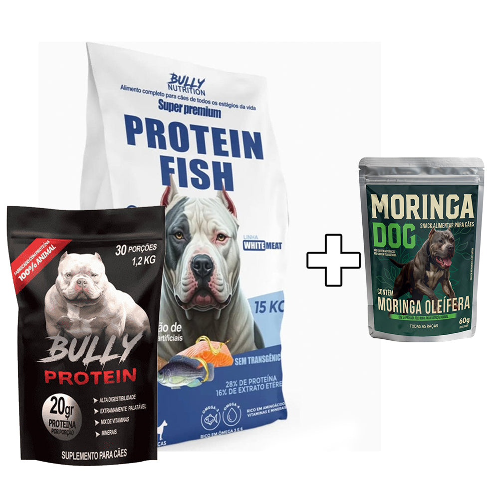 Ração Protein Fish + Suplemento Bully Protein 1,2kg Cachorro Forte + Ganhe um Moringa Dog 60g
