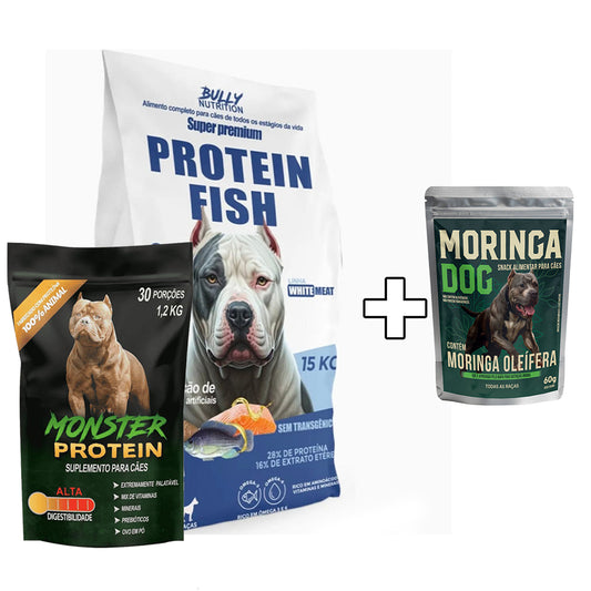 Ração Protein Fish + Suplemento Bully Monster 1,2kg Cachorro Forte + Ganhe um Moringa Dog 60g