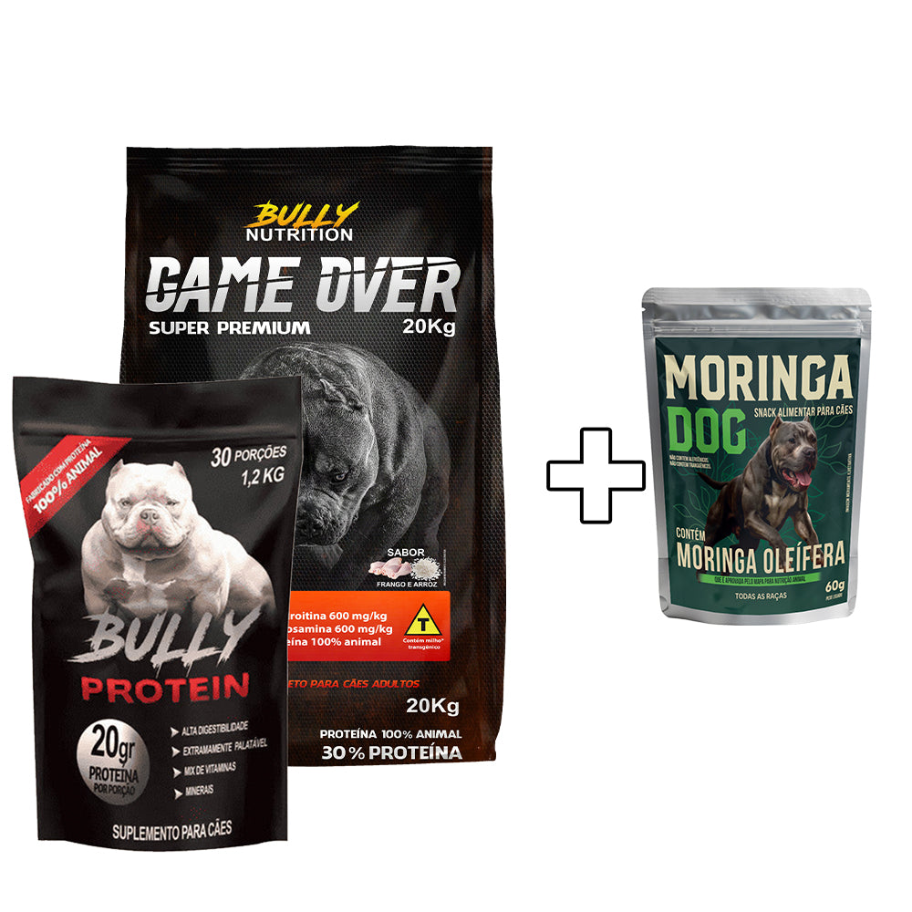 Ração Game Over + Suplemento Bully Protein 1,2Kg Cachorro Forte + Ganhe um Moringa Dog 60g