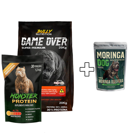 Ração Game Over + Suplemento Bully Monster 1,2Kg Cachorro Forte + Ganhe um Moringa Dog 60g