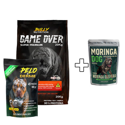 Ração Game Over + Suplemento Pelo & Derme 900g Cachorro Forte + Ganhe um Moringa Dog 60g
