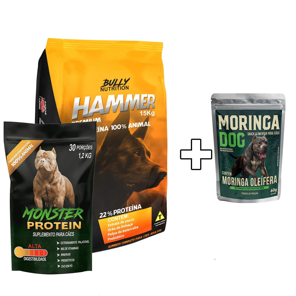 Ração Hammer Premium + Suplemento Bully Monster 1,2Kg Cachorro Forte + Ganhe um Moringa Dog 60g