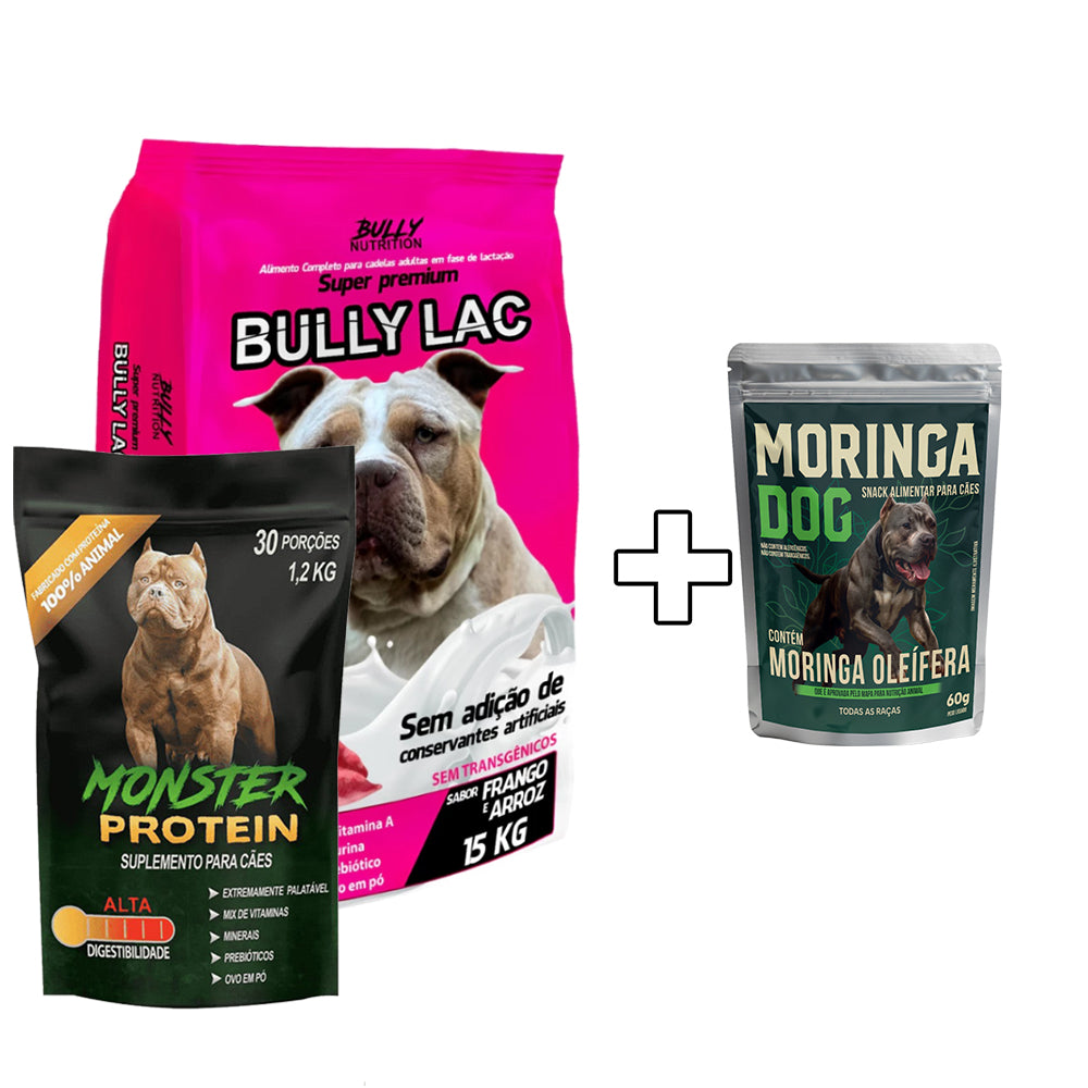 Ração Bully Lac + Suplemento Bully Monster 1,2kg  Cachorro Forte + Ganhe um Moringa Dog 60g