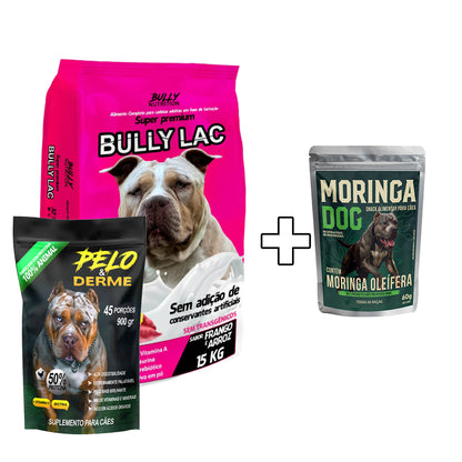Ração Bully Lac + Suplemento Bully Pelo & Derme 900g  Cachorro Forte + Ganhe um Moringa Dog 60g