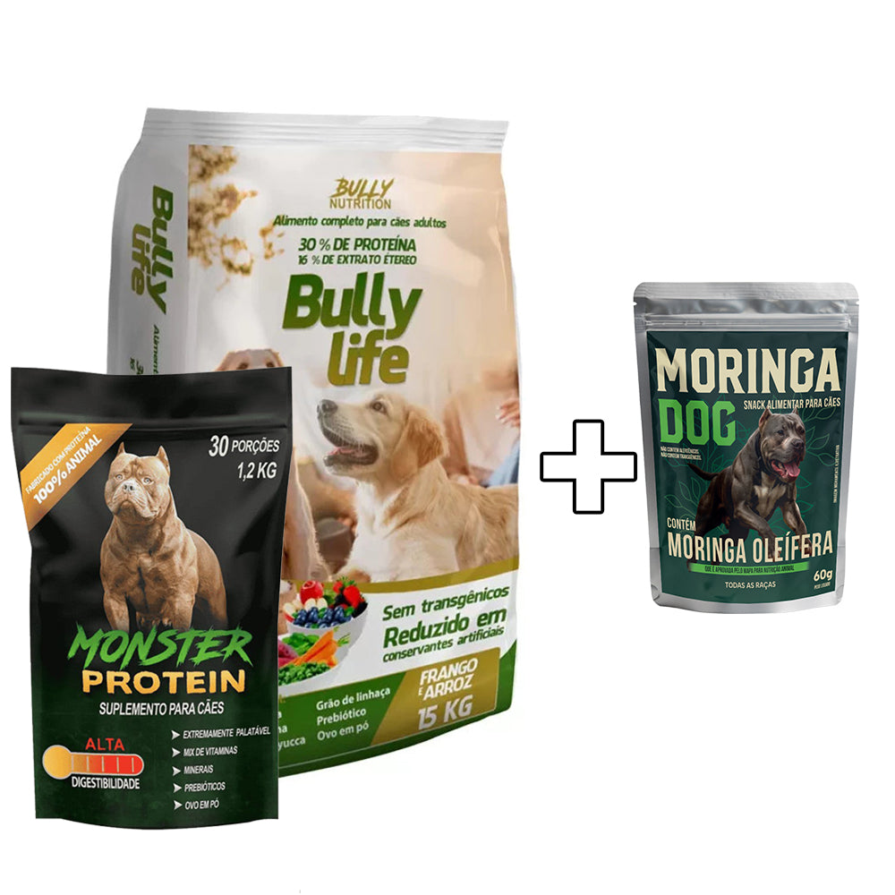 Ração Bully Life + Suplemento Bully Monster 1,2kg  Cachorro Forte + Ganhe um Moringa Dog 60g