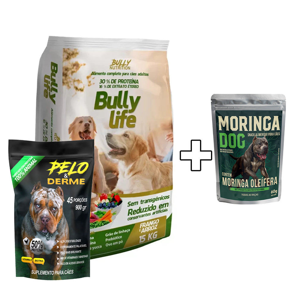 Ração Bully Life + Suplemento Bully Pelo & Derme 900g Cachorro Forte + Ganhe um Moringa Dog 60g