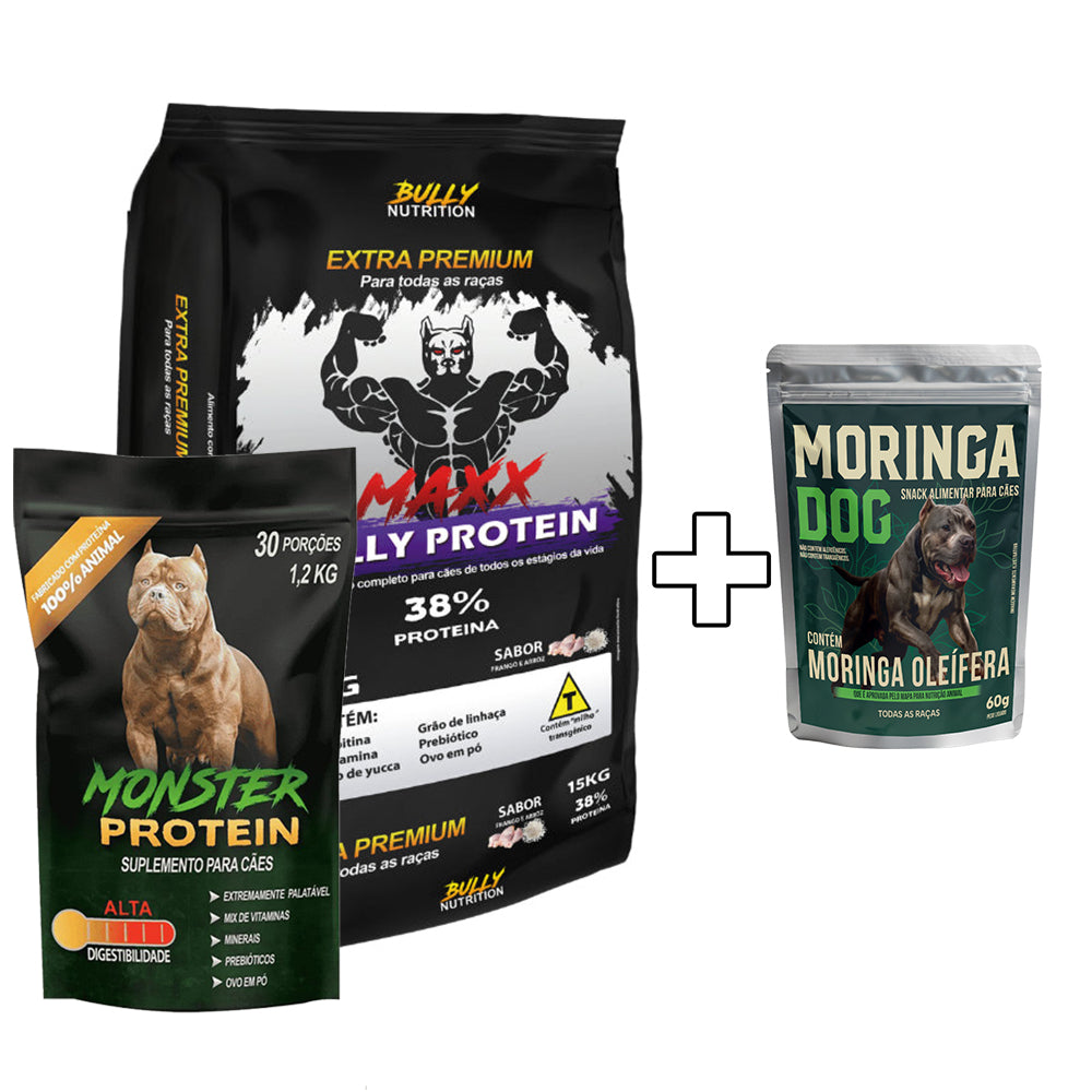 Ração Maxx Bully Protein + Suplemento Bully Monster 1,2Kg Cachorro Forte + Ganhe um Moringa Dog 60g