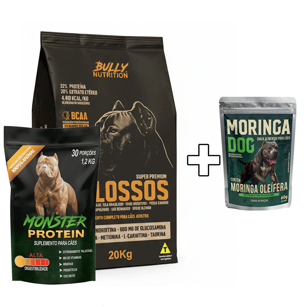 Ração Molossos 20kg + Suplemento Bully Monster 1,2Kg + Ganhe um Moringa Dog 60g