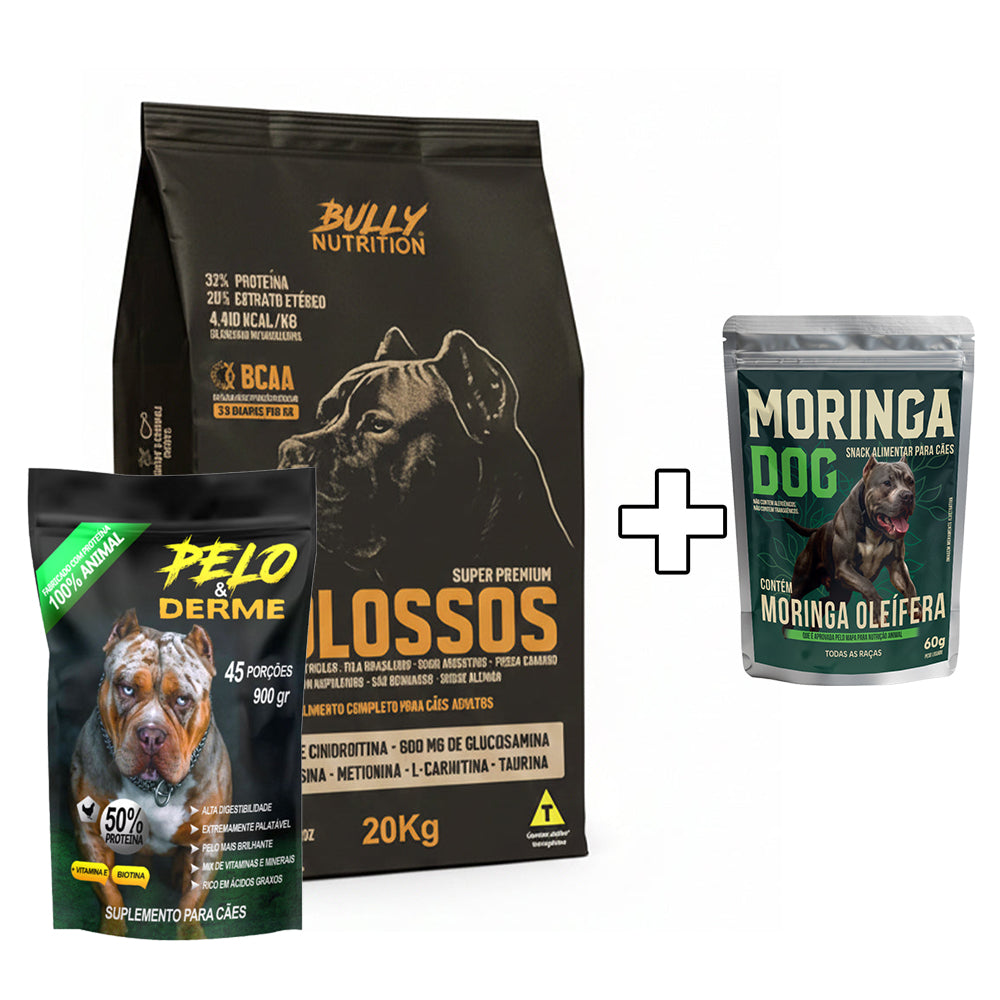 Ração Molossos 20kg + Suplemento Bully Pelo & Derme 900g + Ganhe um Moringa Dog 60g