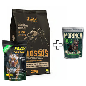 Ração Molossos 20kg + Suplemento Bully Pelo & Derme 900g + Ganhe um Moringa Dog 60g