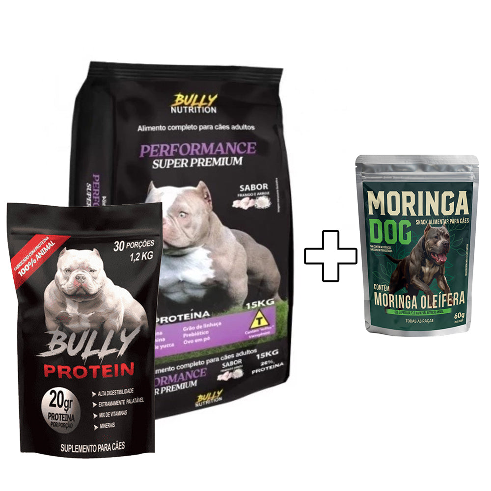 Ração Performance Super Premium  +  Suplemento Bully Protein 1,2Kg Cachorro Forte + Ganhe um Moringa Dog 60g
