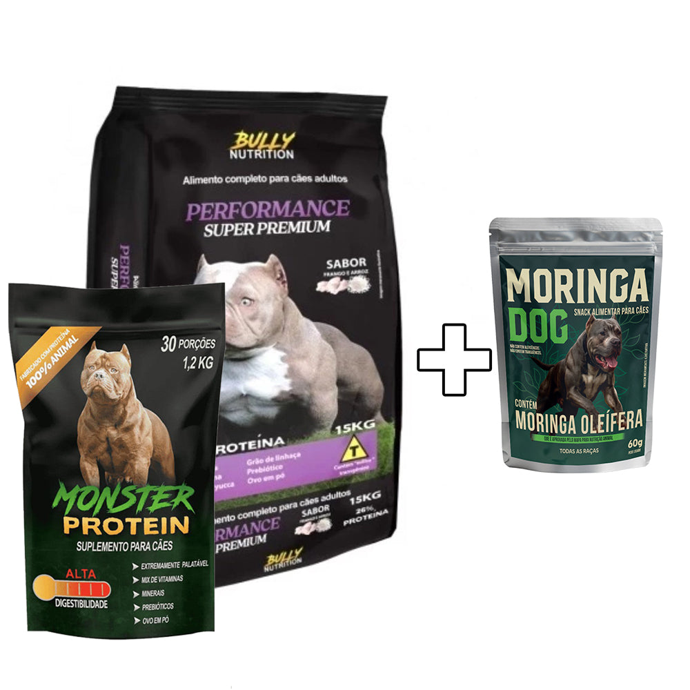Ração Performance Super Premium  +  Suplemento Bully Monster 1,2Kg Cachorro Forte + Ganhe um Moringa Dog 60g