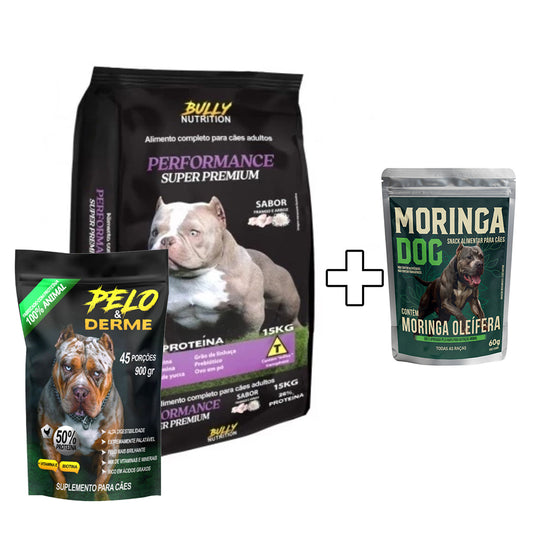 Ração Performance Super Premium  + Suplemento Bully Pelo & Derme 900g Cachorro Forte + Ganhe um Moringa Dog 60g