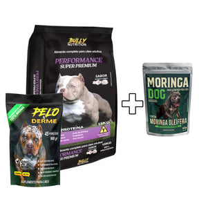 Ração Performance Super Premium  + Suplemento Bully Pelo & Derme 900g Cachorro Forte + Ganhe um Moringa Dog 60g