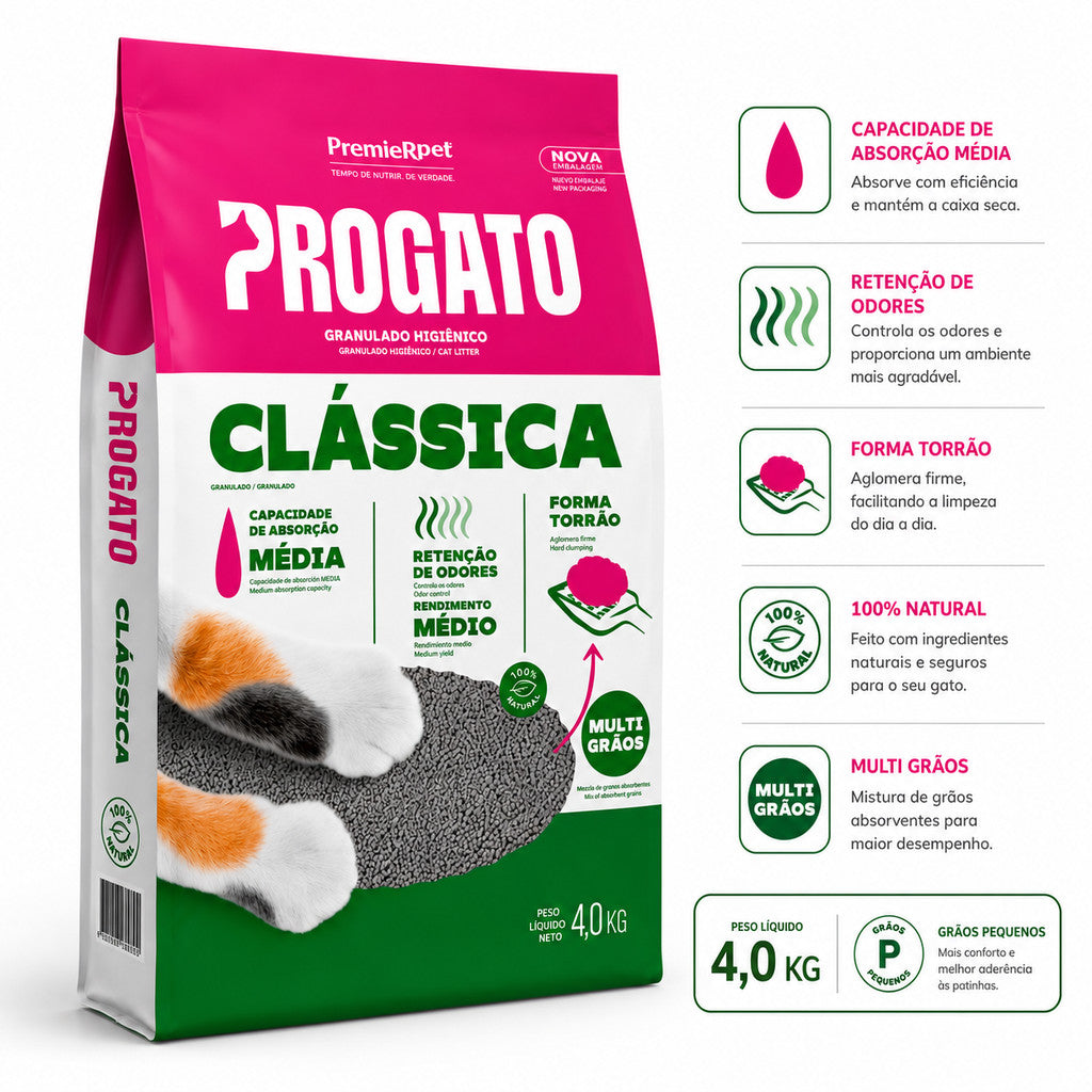 Areia Higiênica ProGatos Clássica Grãos Médios 4Kg