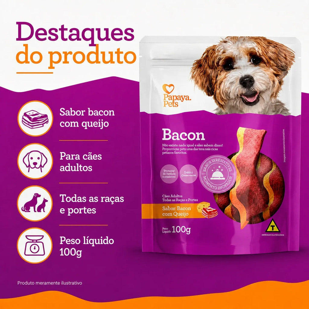 Petisco Papaya Pets Bacon Com Queijo Cães Adultos 100g